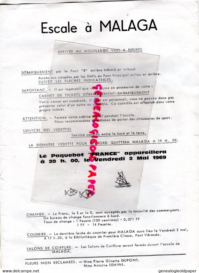 ESPAGNE- MALAGA- PROGRAMME LA CROISIERE DU SOLEIL SS FRANCE PAQUEBOT-2 MAI 1969-CANNES- LISBONNE-LE HAVRE- - Programs
