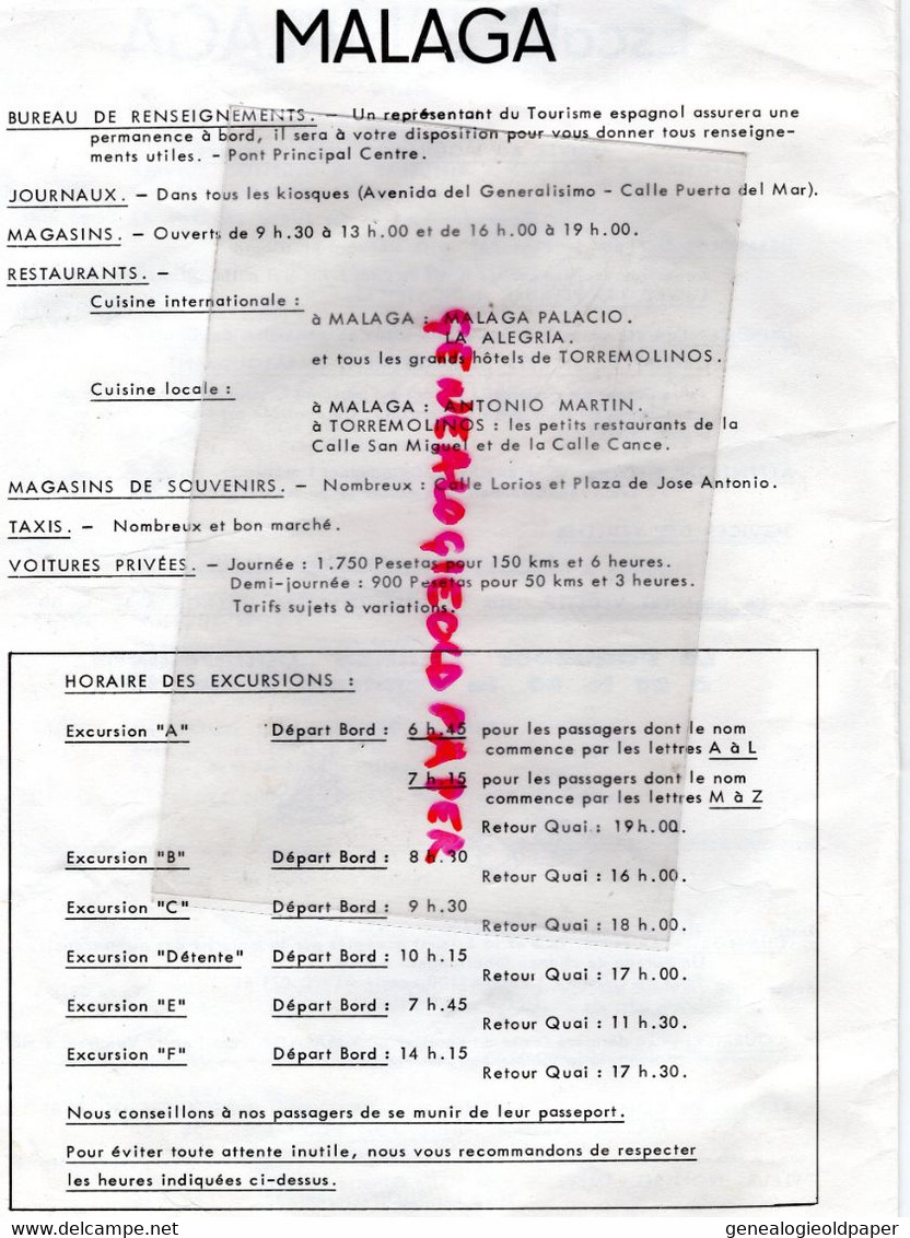 ESPAGNE- MALAGA- PROGRAMME LA CROISIERE DU SOLEIL SS FRANCE PAQUEBOT-2 MAI 1969-CANNES- LISBONNE-LE HAVRE- - Programmes