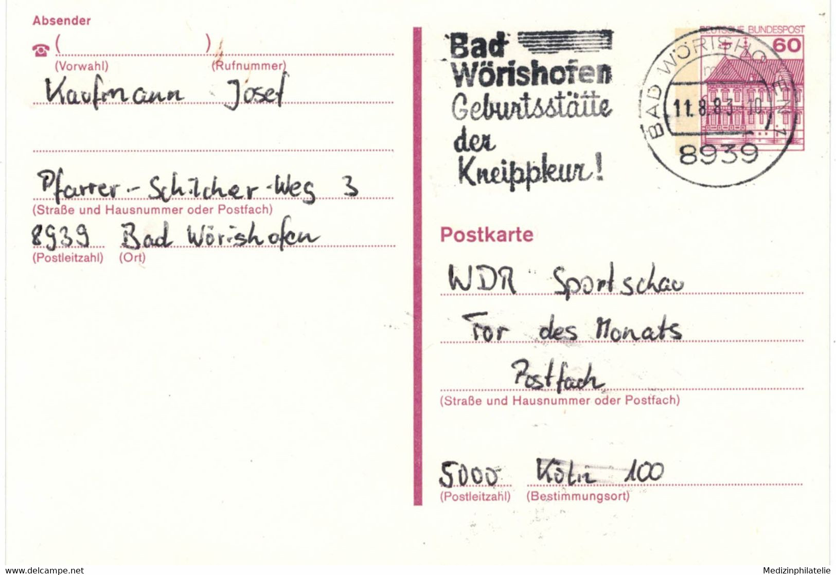 8939 Bad Wörishofen Geburtsstätte Der Kneipp-Kur 1983 - Ganzsache Schloss Rheydt - Bäderwesen