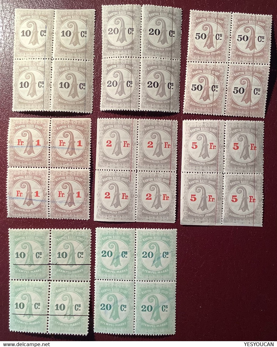 Schweiz Fiskalmarken: BASEL STADT 1899 Stempelmarken Viererblock 36 Stück (Fiskalmarke Switzerland Revenue Stamps - Steuermarken