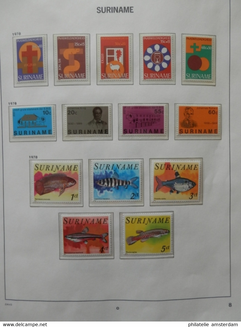 START 1 EURO! Surinam 1975-1985: advanced MNH collection in pre-printed Davo album with slipcase