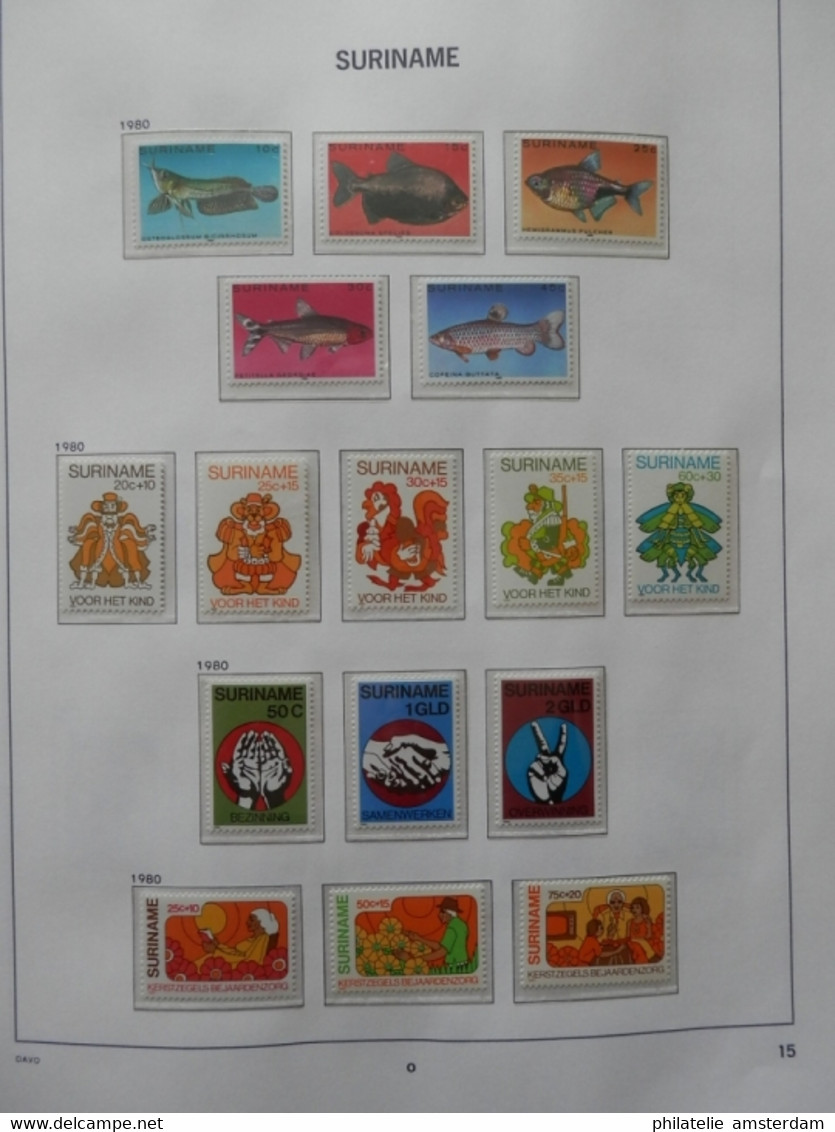 START 1 EURO! Surinam 1975-1985: advanced MNH collection in pre-printed Davo album with slipcase