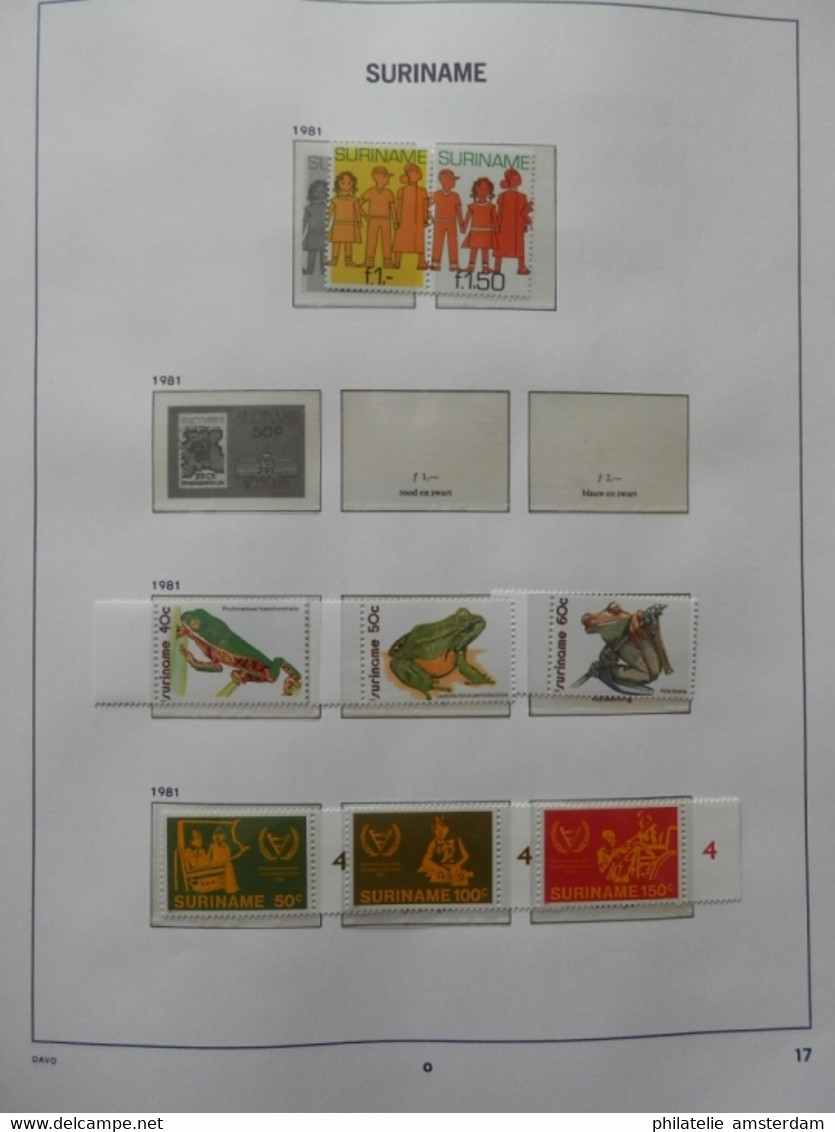 START 1 EURO! Surinam 1975-1985: advanced MNH collection in pre-printed Davo album with slipcase