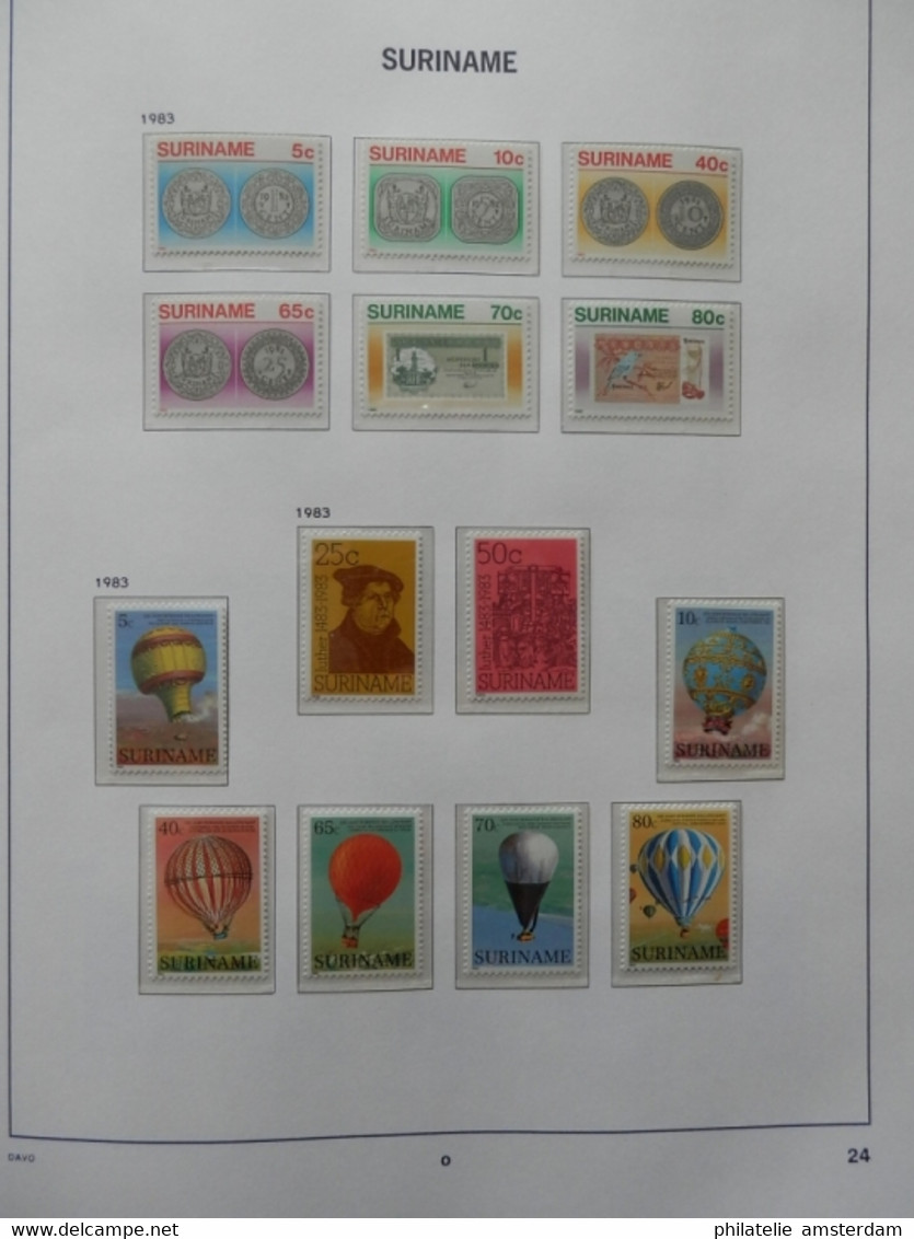 START 1 EURO! Surinam 1975-1985: advanced MNH collection in pre-printed Davo album with slipcase