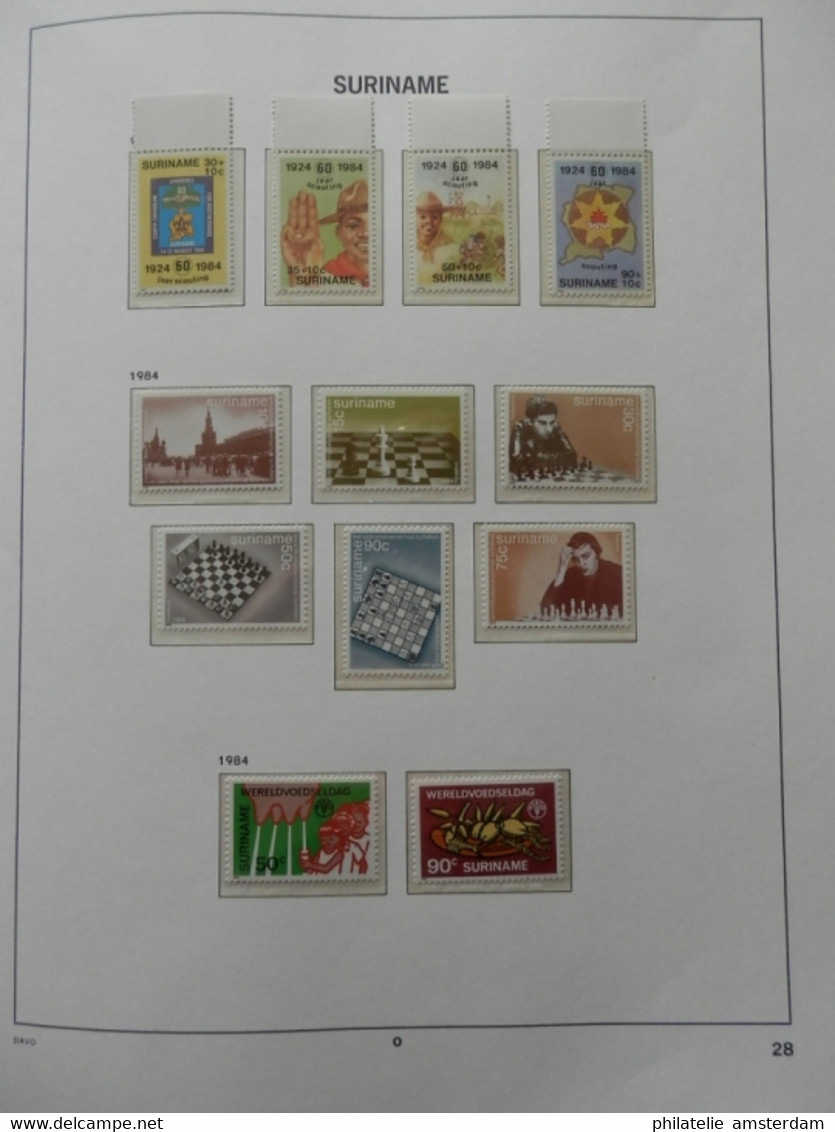 START 1 EURO! Surinam 1975-1985: advanced MNH collection in pre-printed Davo album with slipcase