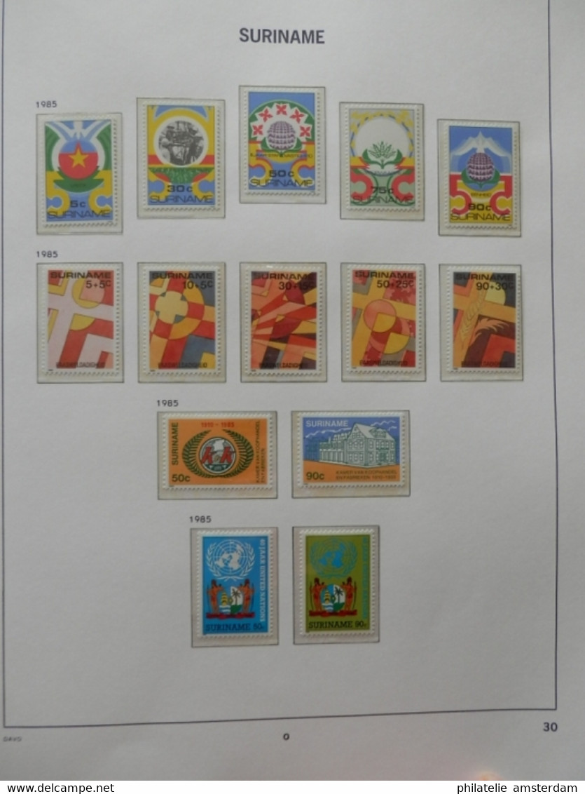 START 1 EURO! Surinam 1975-1985: advanced MNH collection in pre-printed Davo album with slipcase