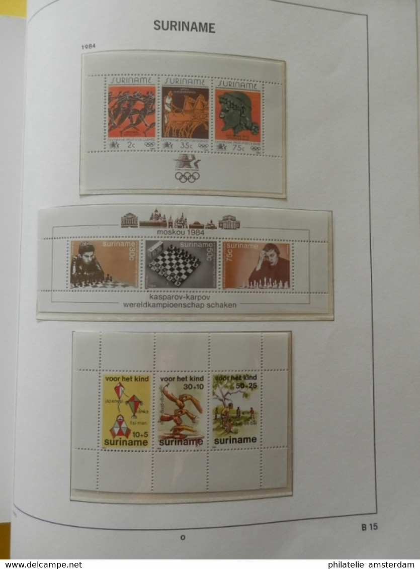 START 1 EURO! Surinam 1975-1985: advanced MNH collection in pre-printed Davo album with slipcase