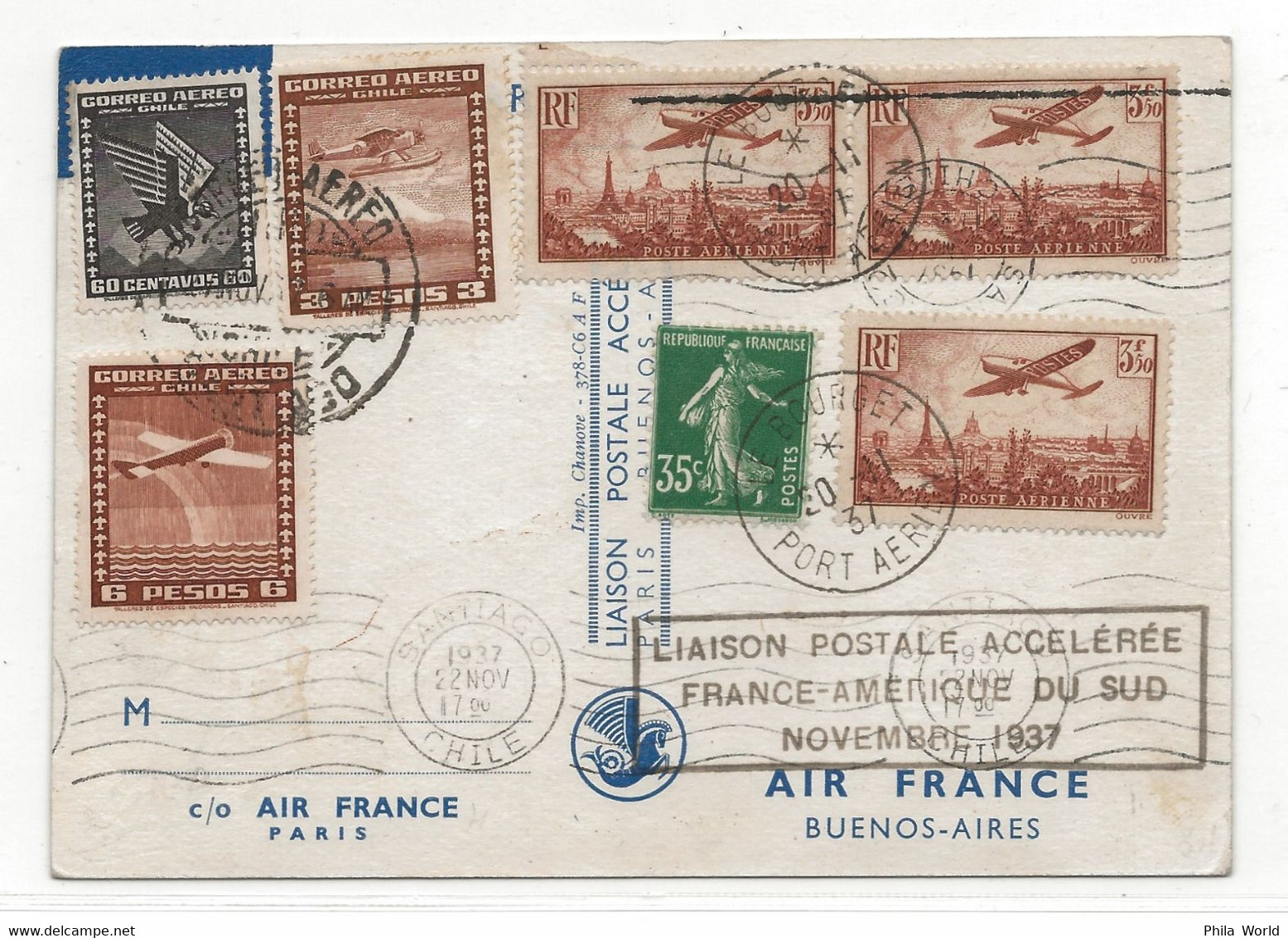 AIR FRANCE 1937 Liaison Postale Accélérée FRANCE AMERIQUE SUD Vol Par Avion Paris SANTIAGO CHILI Par CODOS REINE - 1927-1959 Lettres & Documents