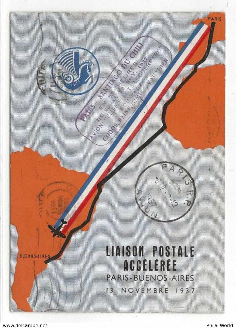 AIR FRANCE 1937 Liaison Postale Accélérée FRANCE AMERIQUE SUD Vol Par Avion Paris SANTIAGO CHILI Par CODOS REINE - 1927-1959 Briefe & Dokumente