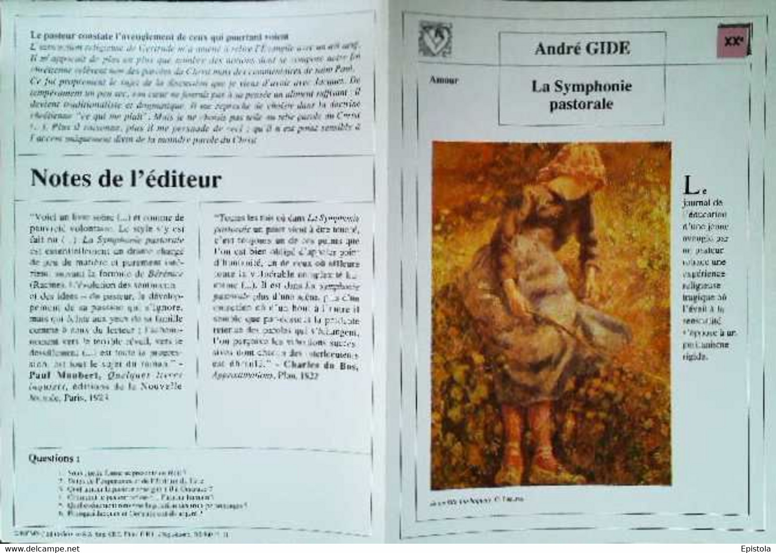 ►   Fiche   Litterature  André Gide La Symphonie Pastorale  Jeune Fille à La Baguette Pissaro - Didactische Kaarten