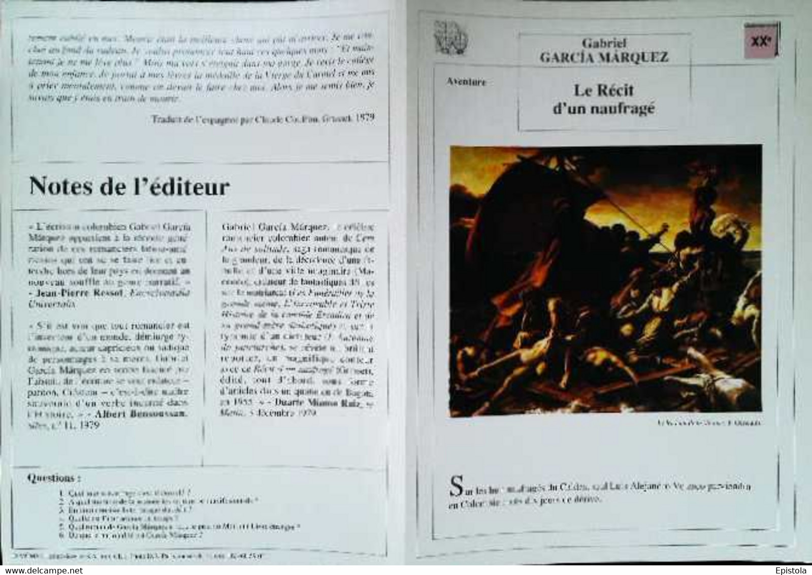 ►   Fiche   Litterature Gabriel Garcia Marquez Le Récit D'un Naufragé Le Radeau De La Méduse  T Géricault - Learning Cards