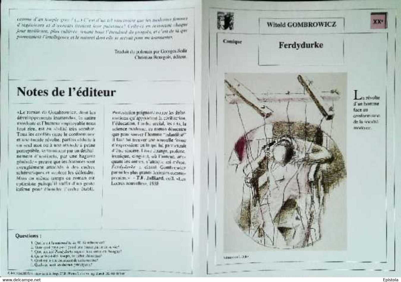 ►   Fiche   Litterature Witold Gombrowicz  Ferdydurke   Peinture De J Oelke - Learning Cards