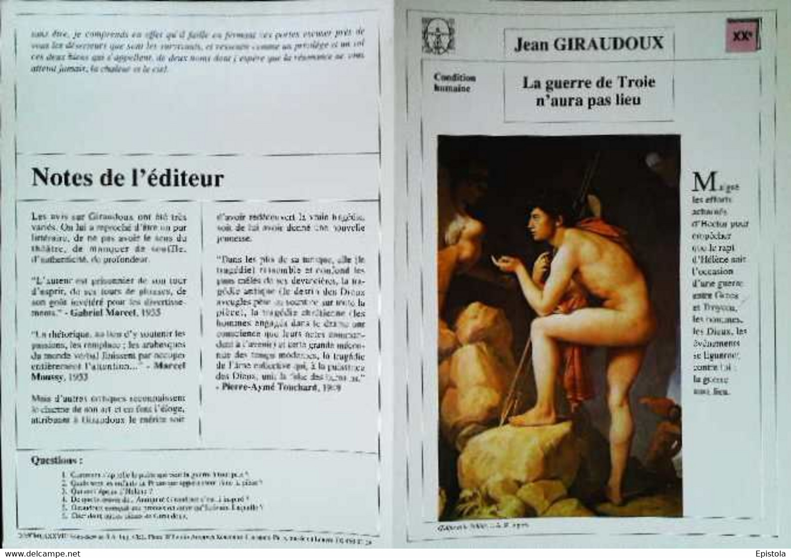 ►   Fiche   Litterature Jean Giraudoux  La Guerre De Troie N'aura Pas Lieu Oedipe Et Le Sphinx  Ingres - Learning Cards