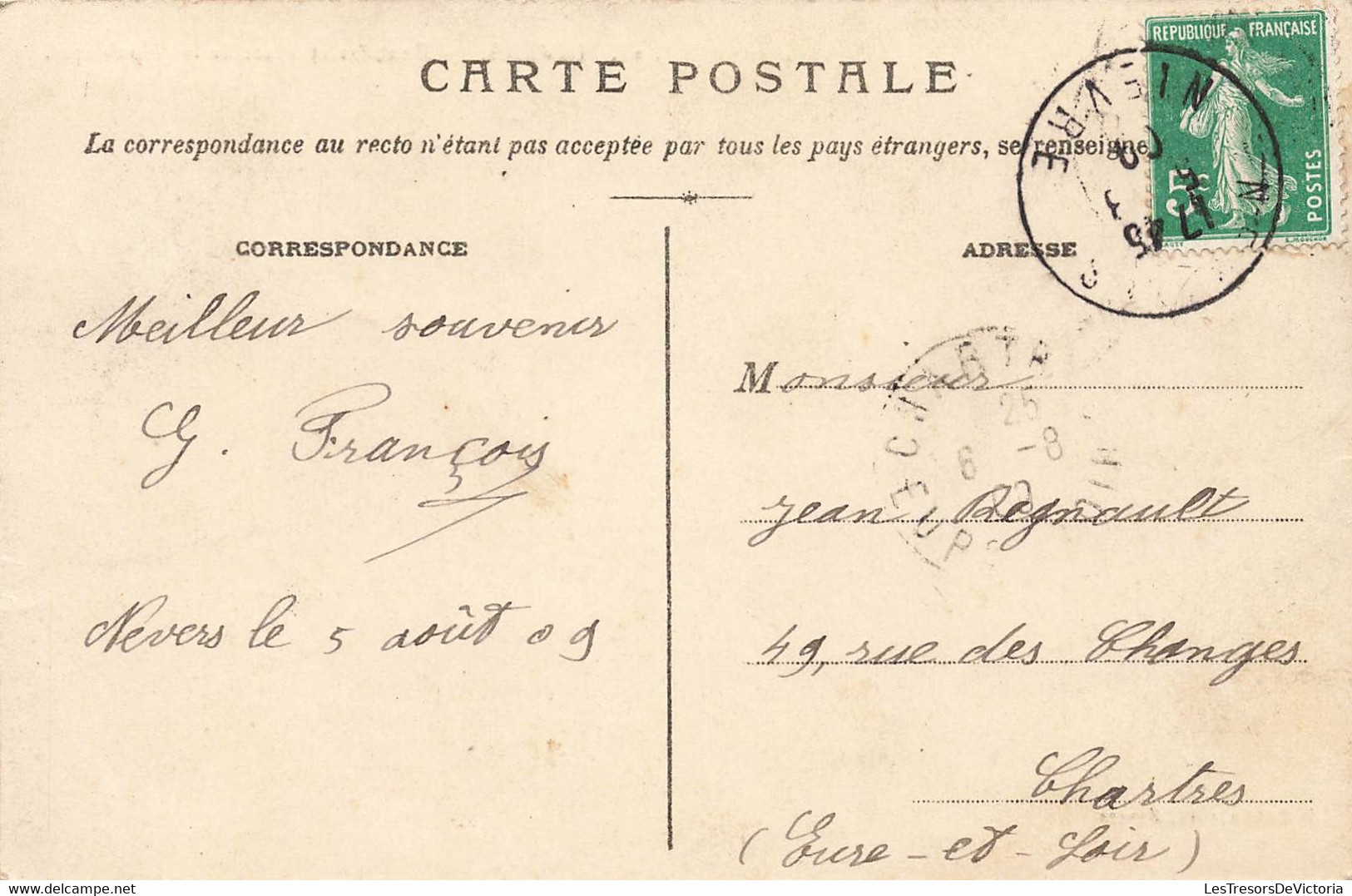 CPA De Nevers - Animé - Coté Vue Timbre Bien Représenté Avec Photographie - 5 Aout 1909 - Briefmarken (Abbildungen)