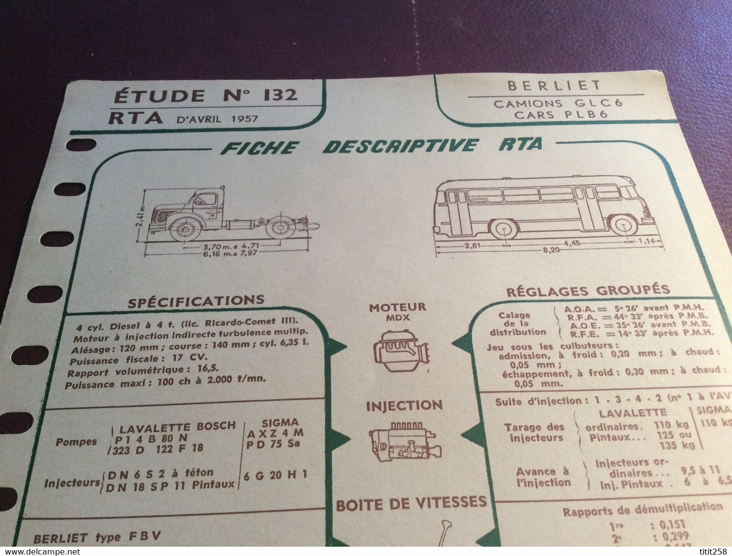 Fiche Descriptive RTA Berliet Camions Glc6 / Cars Autobus Plb6 . 1957 - Camion