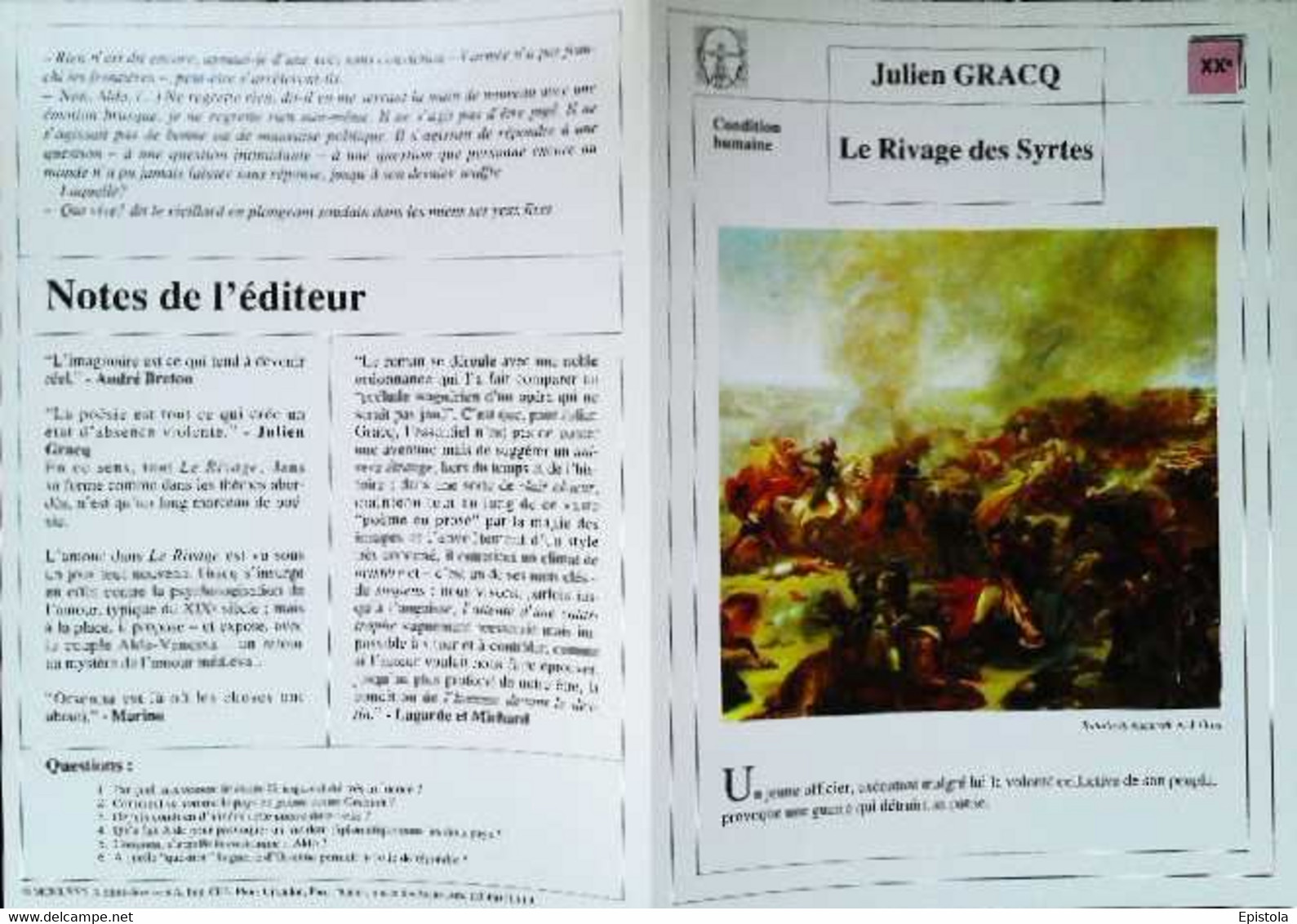 ►   Fiche   Litterature Julien Gracq Le Rivage Des Syrtes  Bataille De Nazareth  A J Gros - Learning Cards