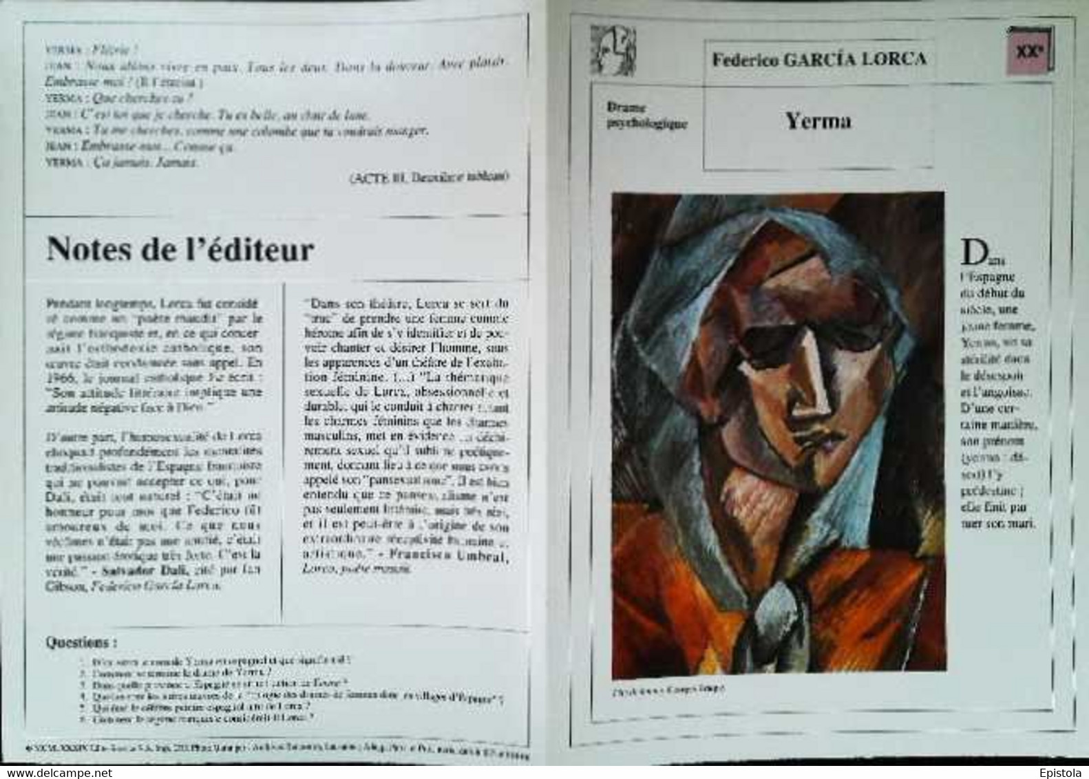 ►   Fiche   Litterature   Federico Garcia Lorca Yerma  Tête De Femme Georges Braque - Learning Cards