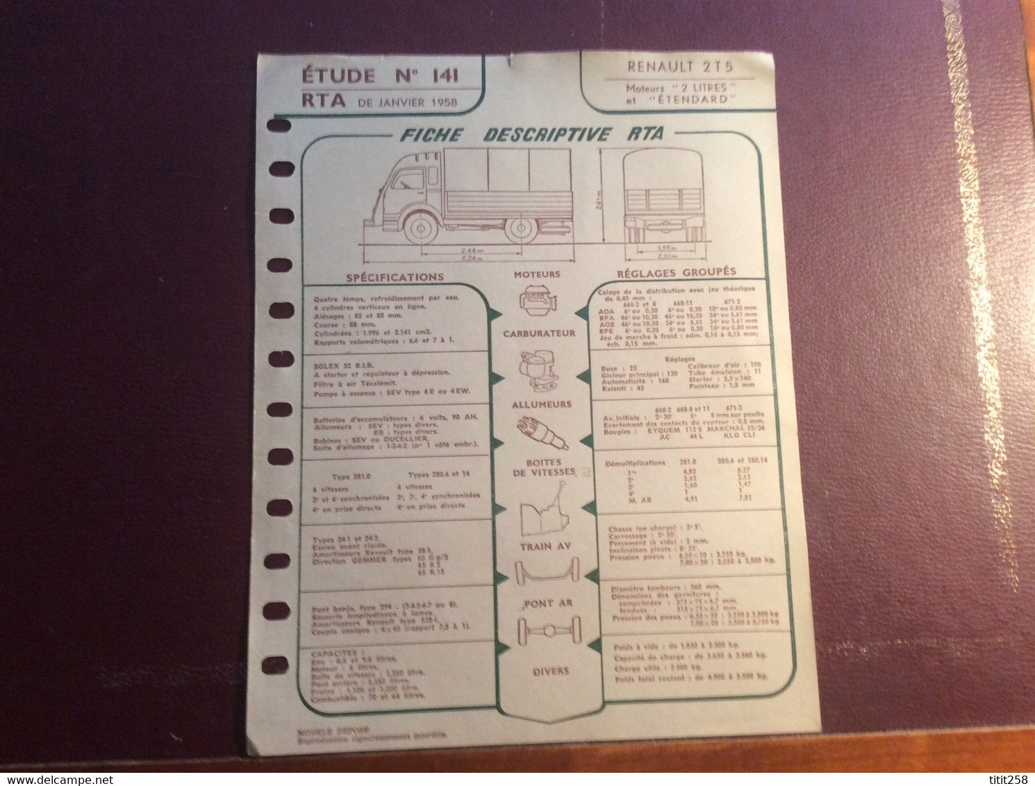 Fiche Descriptive RTA Renault 2 T 5 Étendard 1958 - Camions