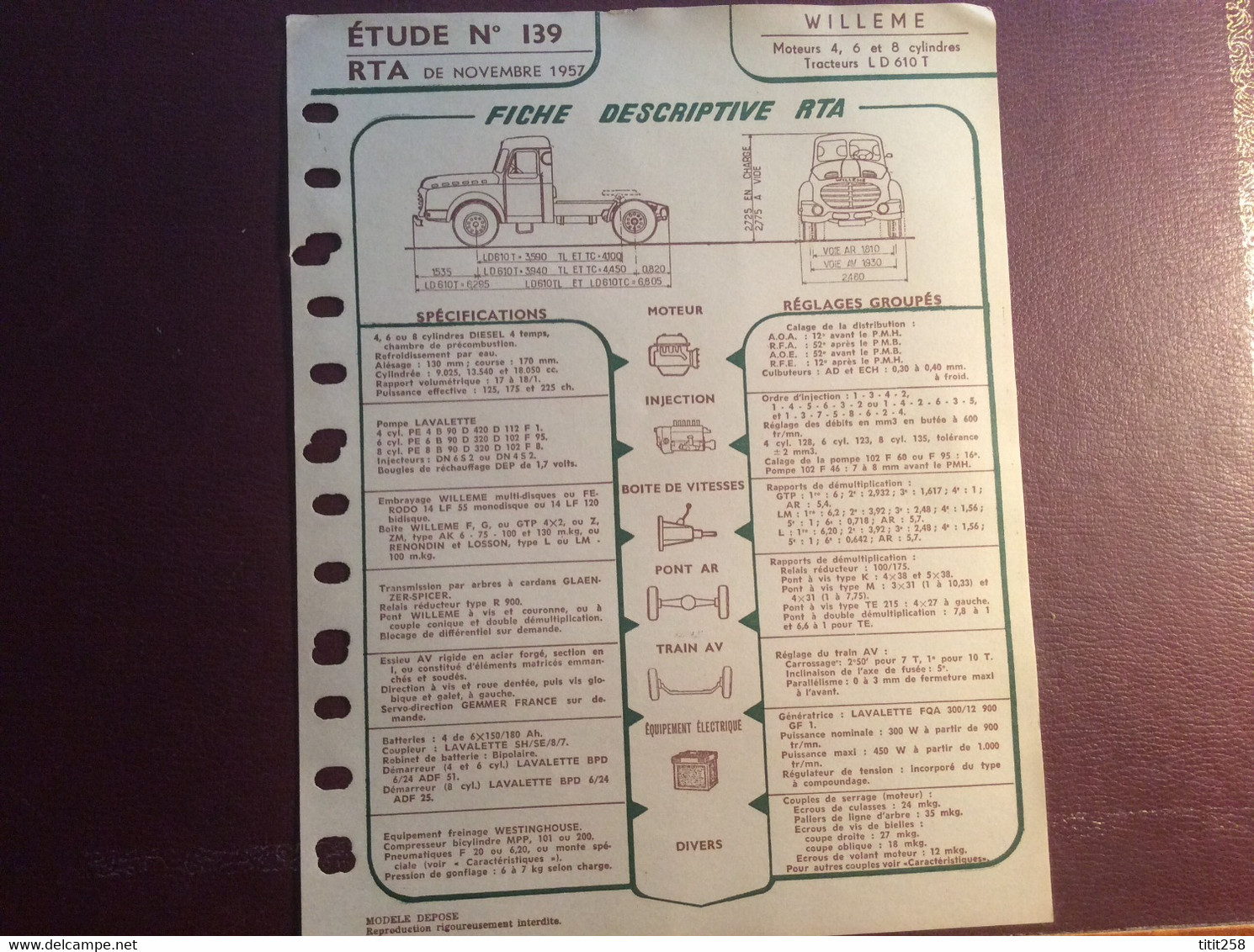 Fiche Descriptive RTA Tracteur Willeme . 1957 - Camiones