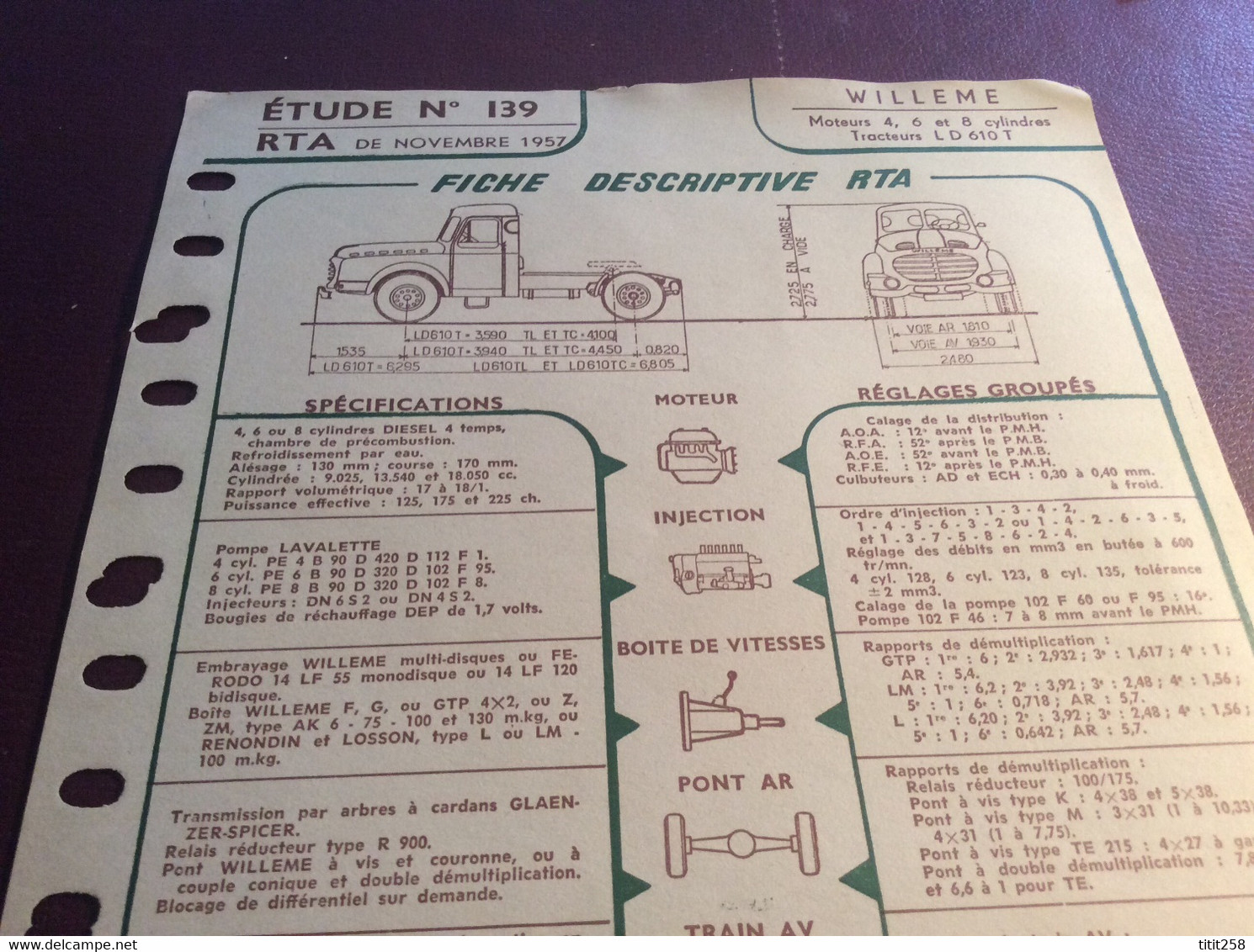 Fiche Descriptive RTA Tracteur Willeme . 1957 - Camiones