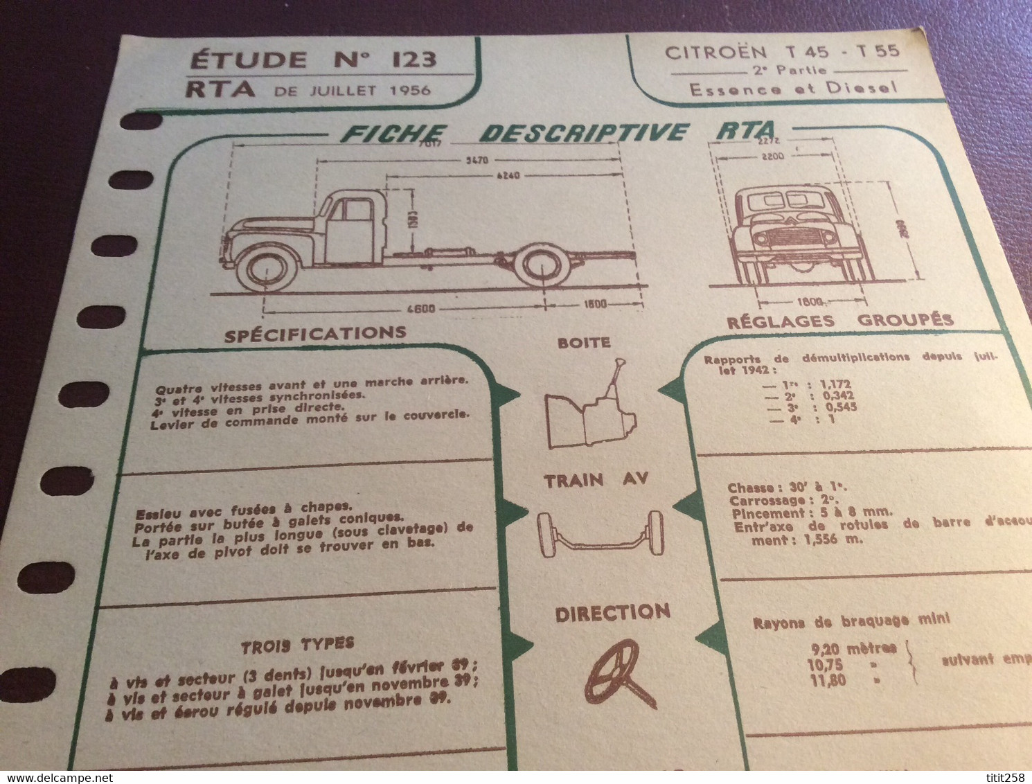 Fiche Descriptive RTA Citroen T 45 / T 55 . 1956 - Camion