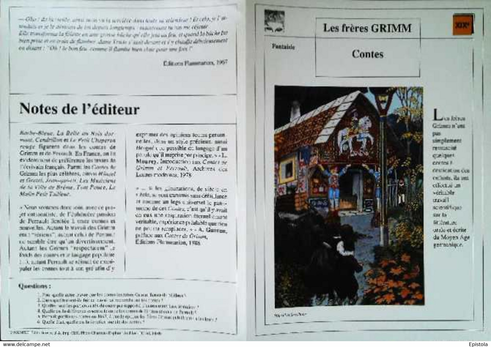 ►   Fiche   Litterature   Les Frères Grimm Contes Hansel Et Greslmen - Learning Cards