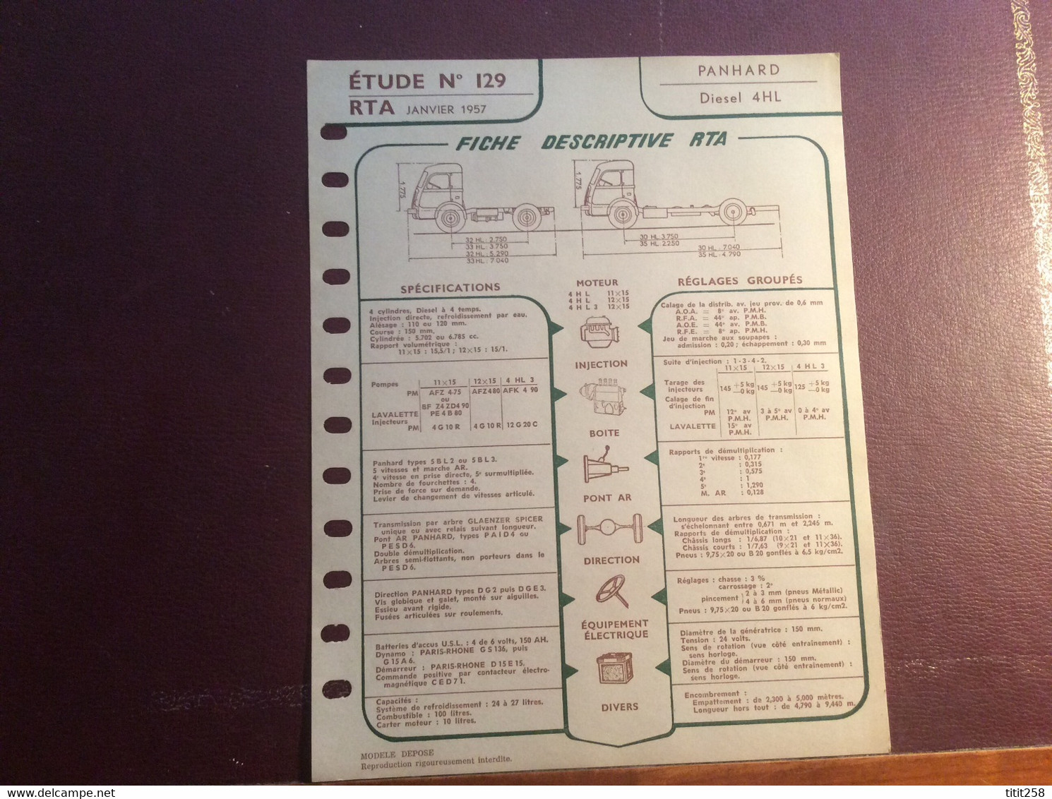 Fiche Descriptive RTA Panhard Diesel 4 HL . 1957 - Trucks