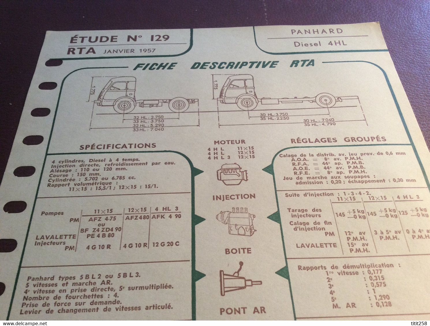 Fiche Descriptive RTA Panhard Diesel 4 HL . 1957 - Camions