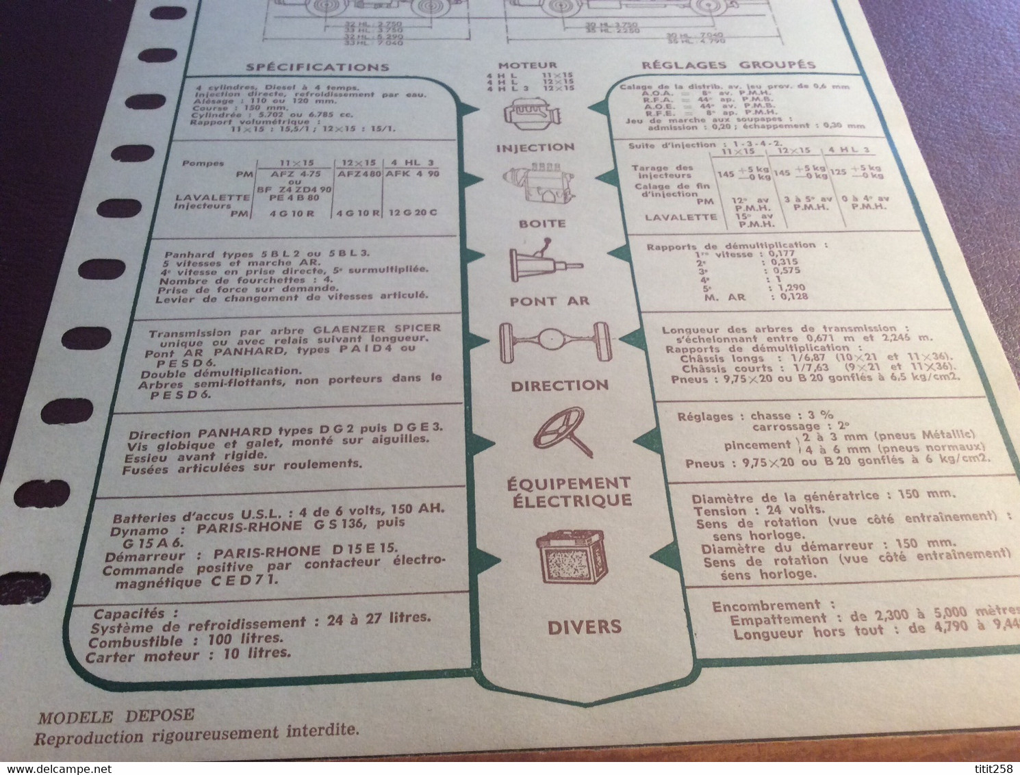 Fiche Descriptive RTA Panhard Diesel 4 HL . 1957 - Trucks