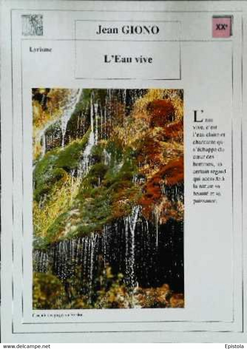 ►   Fiche   Litterature  Jean Giono  L'eau Vive  Cascade Des Gorges Du Verdon - Learning Cards