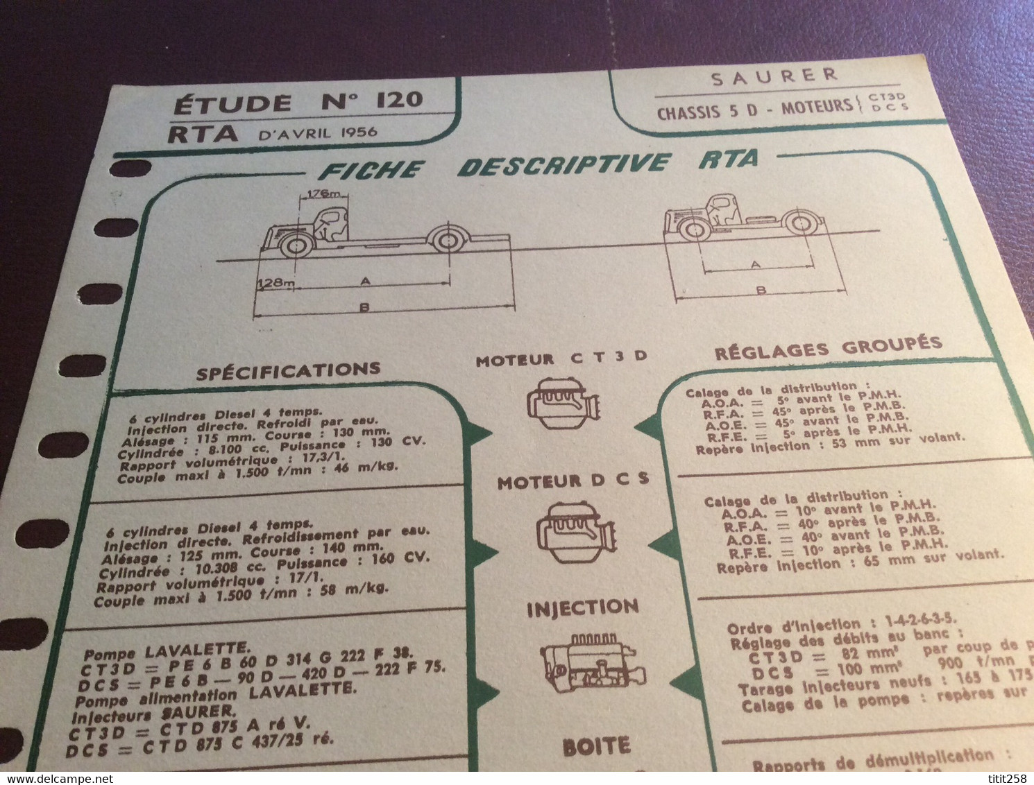 Fiche Descriptive RTA Saurer Châssis 5 D . 1956 - Camions