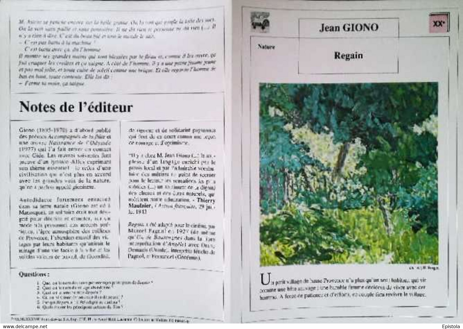 ►   Fiche   Litterature  Jean Giono Regain  Du Vert H Berger - Learning Cards