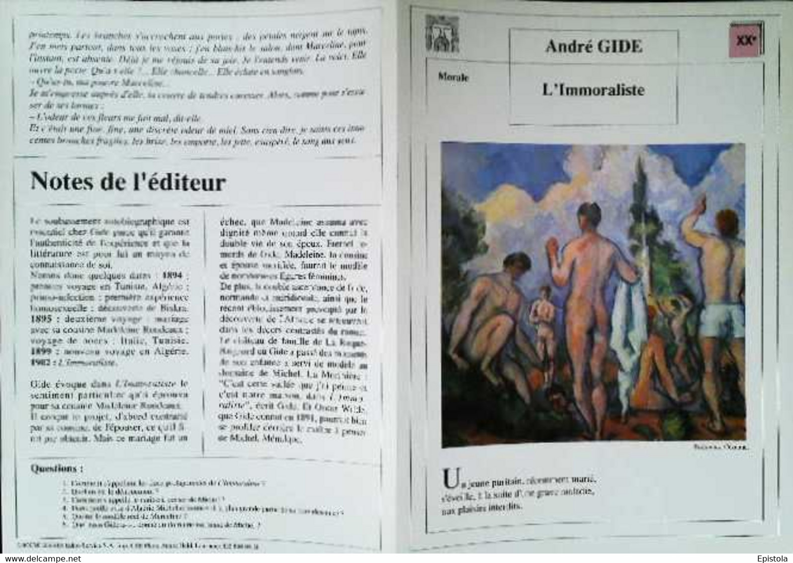 ►   Fiche   Litterature  André Gide L'immoraliste  Baigneurs Cezanne - Learning Cards