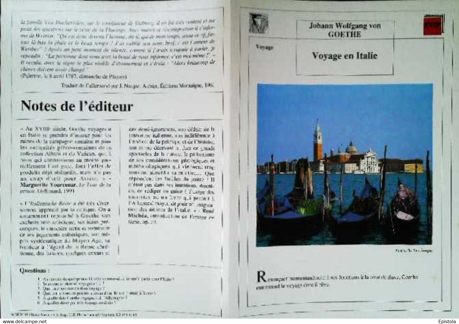 ►   Fiche   Litterature  Johann Wolfgang Von Goethe  Voyage En Italie  Venise Ile San Giorgio - Learning Cards