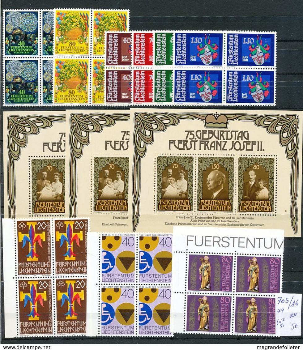 TIMBRE STAMP ZEGEL LOT LIECHTENSTEIN EN BLOC DE 4 SET IN QUATERS 705-716  XX  CÔTE 51  EUROS - Otros & Sin Clasificación