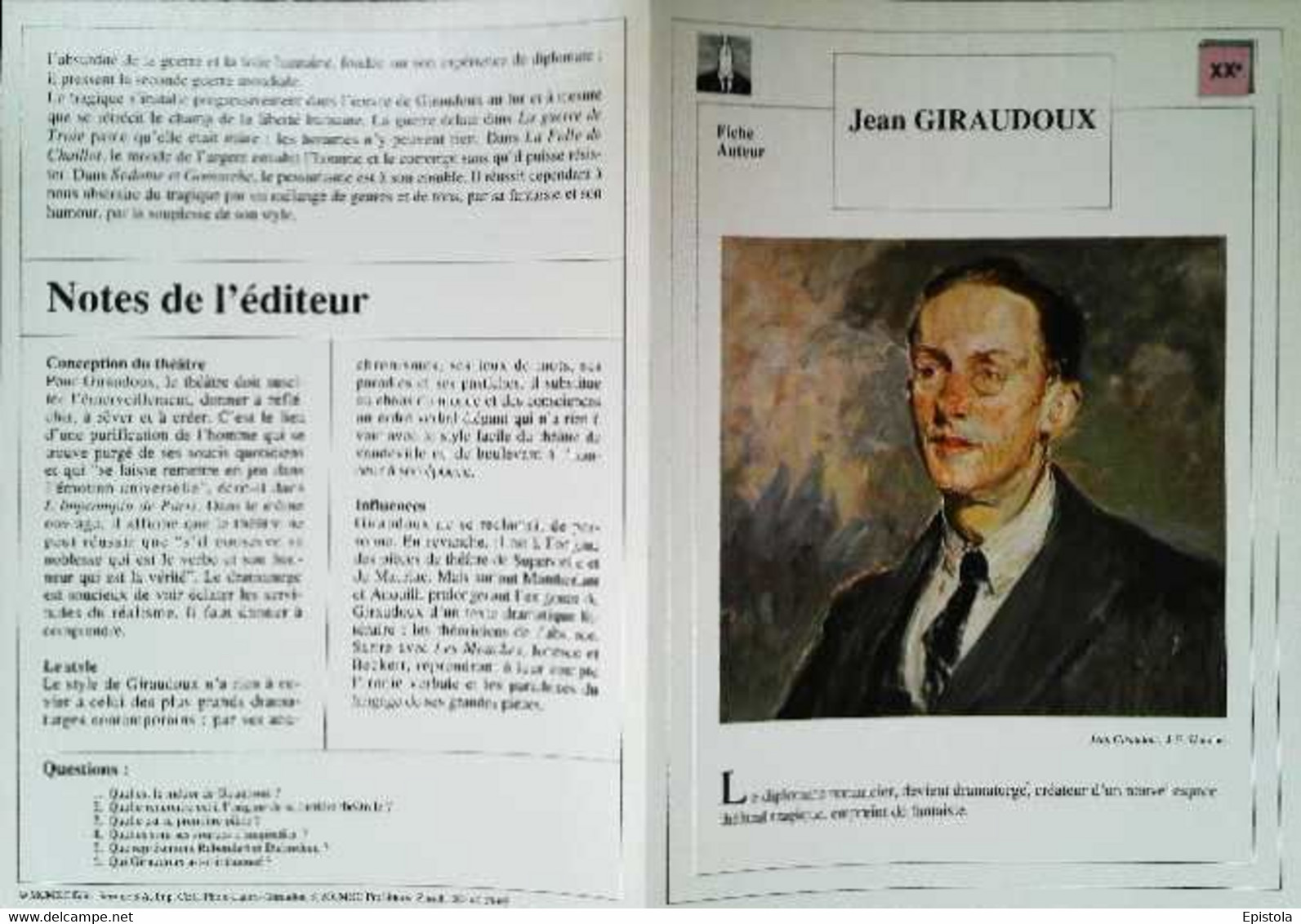 ►   Fiche   Litterature  Jean Giraudoux  J E Blanche - Didactische Kaarten