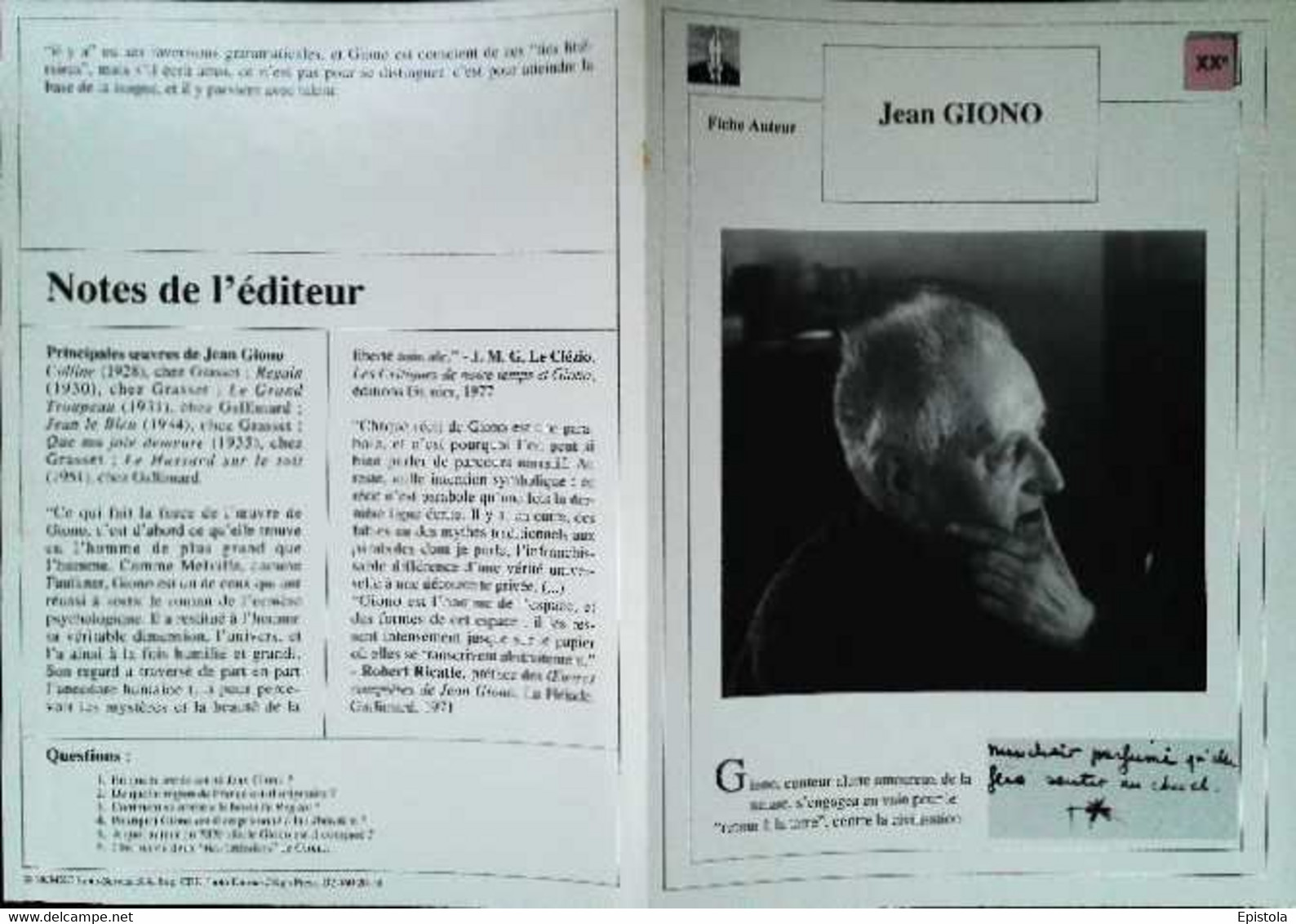 ►   Fiche   Litterature Jean Giono - Learning Cards