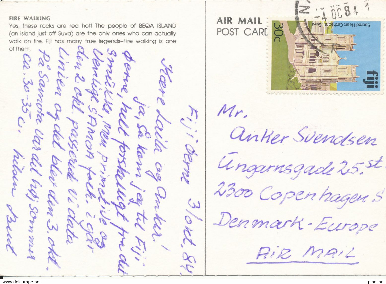 Fiji Postcard Sent To Denmark 4-10-1984 (Fire Walking) - Fidji