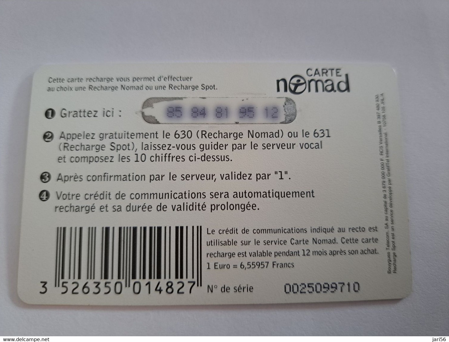FRANCE/FRANKRIJK  NOMAD CARTE  SMALL NOMAD OU SPOT    95FR  PREPAID  USED    ** 10653** - Mobicartes (GSM/SIM)