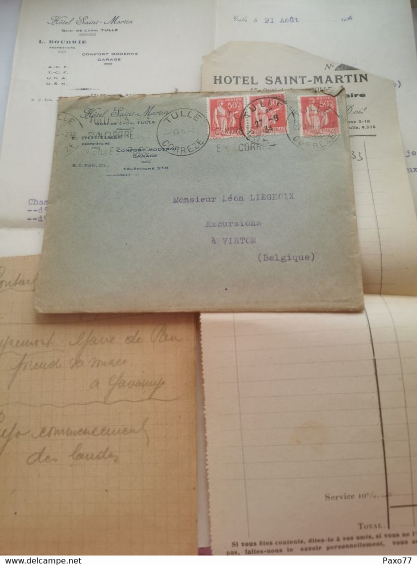 Lettre,  Hôtel Saint-Martin ,  Tulle 1934 Envoyé à Virton - Storia Postale