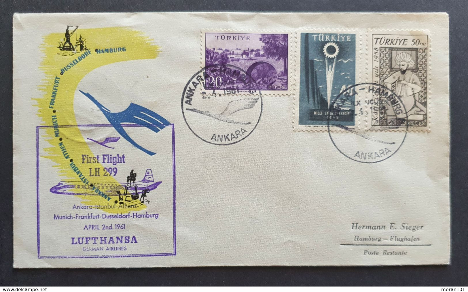 Türkei Eröffnungsflug LH299 Ankara - Hamburg 2.4.1961 - Luftpost