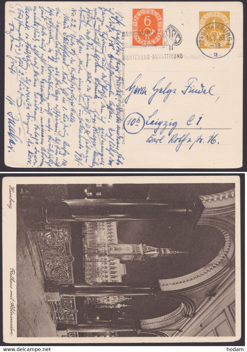 PP 2 B 2/08 "Hamburg-Rathaus", Bedarfs-Fernkarte, Pass. Zusatzfrankatur - Postales Privados - Usados