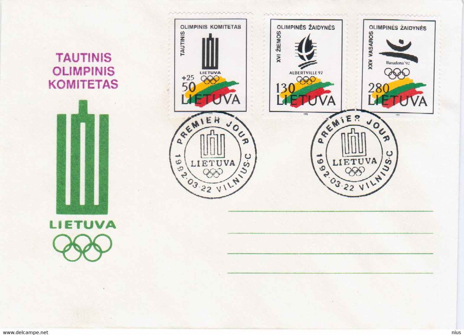 Lithuania 1992 FDC National Olympic Committee - Litauen