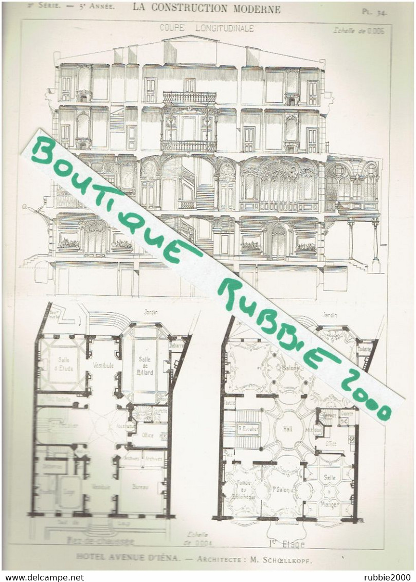 3 PLANS DESSINS 1899 PARIS 16° IMMEUBLE 4 AVENUE D IENA ARCHITECTE SCHOELLKOPF Hôtel Sanchez De Larragoiti - Parijs