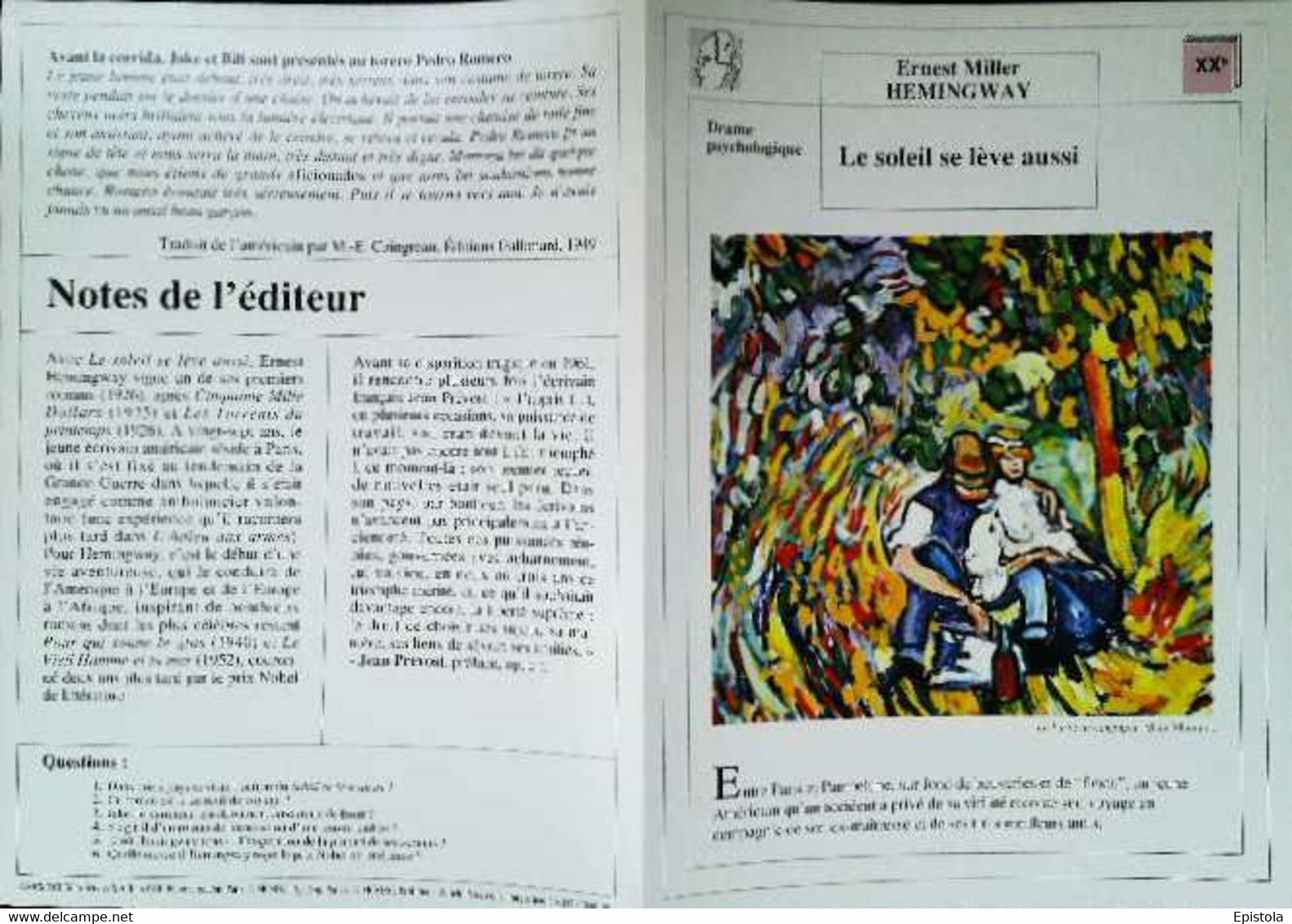 ►   Fiche   Litterature Hemingway Le Soleil Se Lève Aussi     La Partie De Campagne   M De Vlaminck - Learning Cards