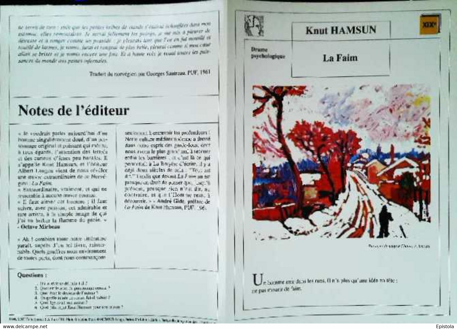 ►   Fiche   Litterature  Knut Hamsun  La Faim Paysage De Neige à Chatou    A Derain - Learning Cards