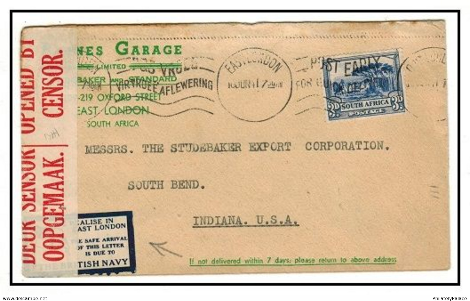 SOUTH AFRICA - 1941 3d Rate Censored Cover To USA With EAST LONDON Patriotic Label Applied (**) - Lettres & Documents