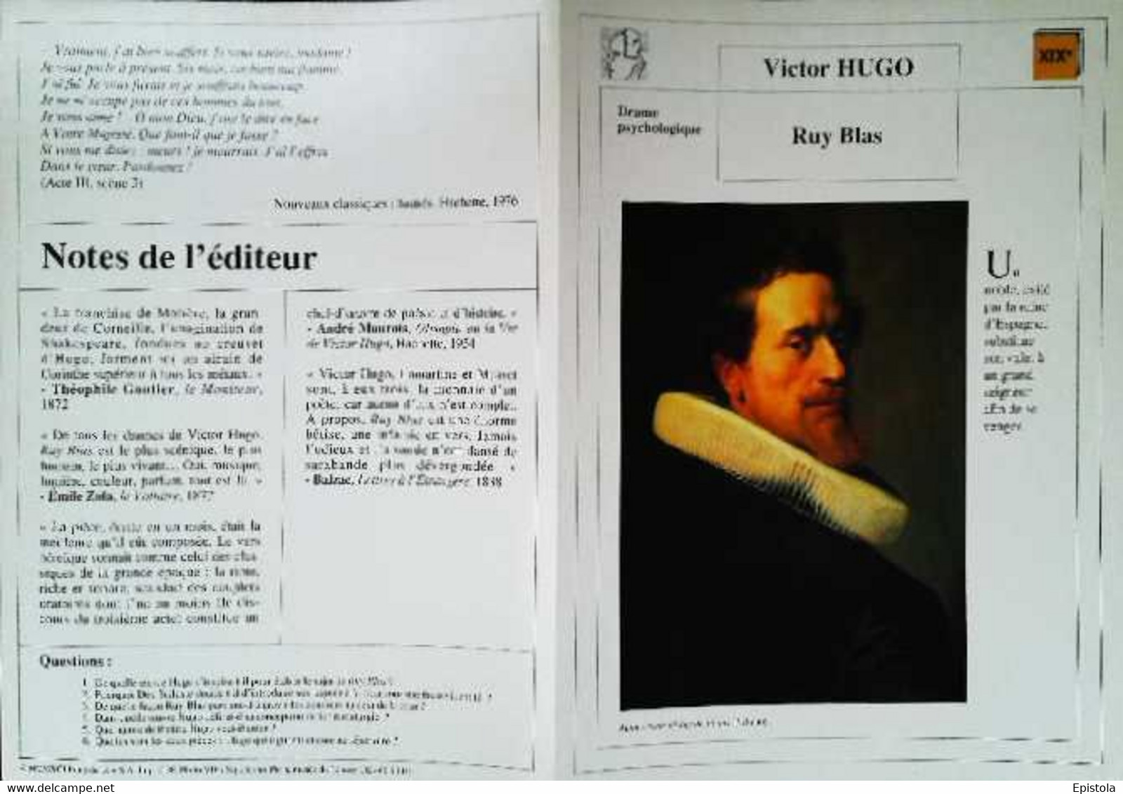 ►   Fiche   Litterature  Victor Hugo Ruy Blas Autoportrait à 36 Ans   Pickenoy - Learning Cards