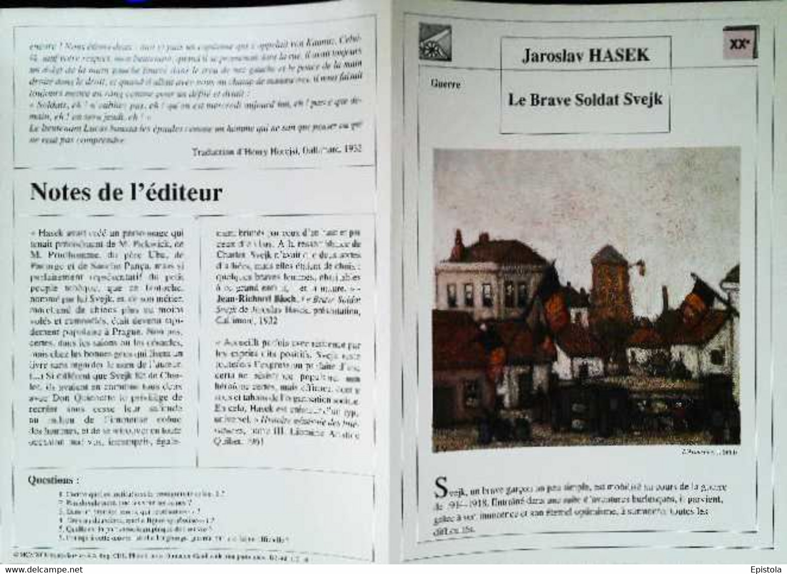 ►   Fiche   Litterature  Jaroslav Hasek Le Brave Soldat Svejk  L'armistice  J Smits - Learning Cards