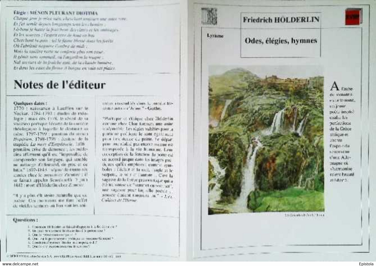 ►   Fiche   Litterature  Friedrich Holderlin Odes Elégies Hymnes  Les Cascades De Tivoli Thoma - Learning Cards